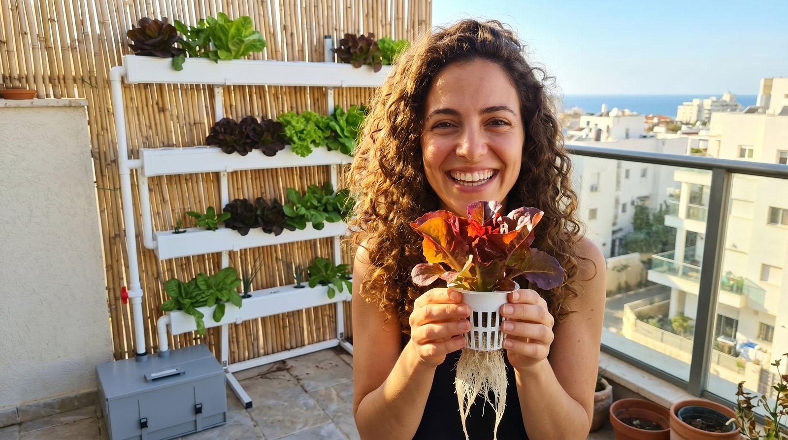 משפחה אוכלת ארוחה משותפת עם ירקות שגדלו במערכת ההידרופונית